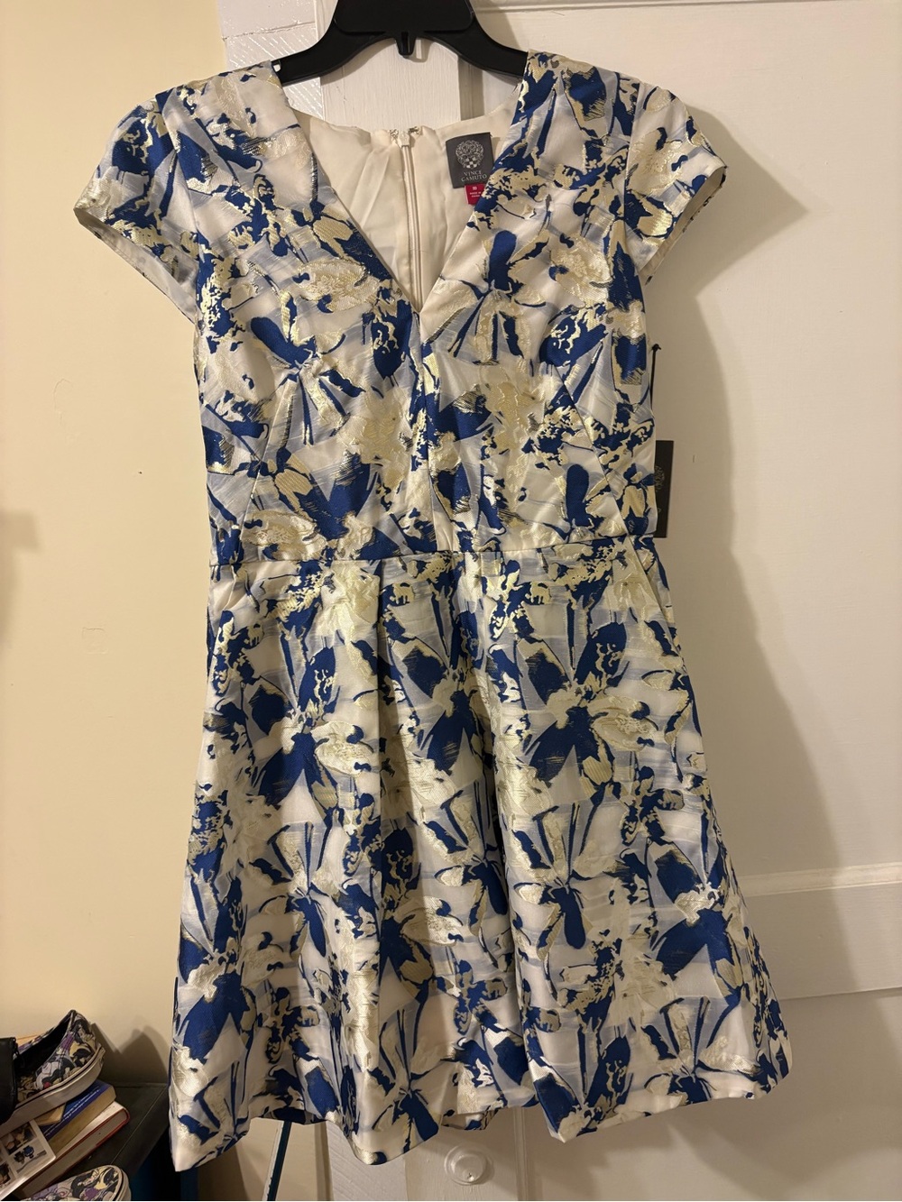 Vince Camuto Blue and Cream Floral Fit-and-Flare Dress
